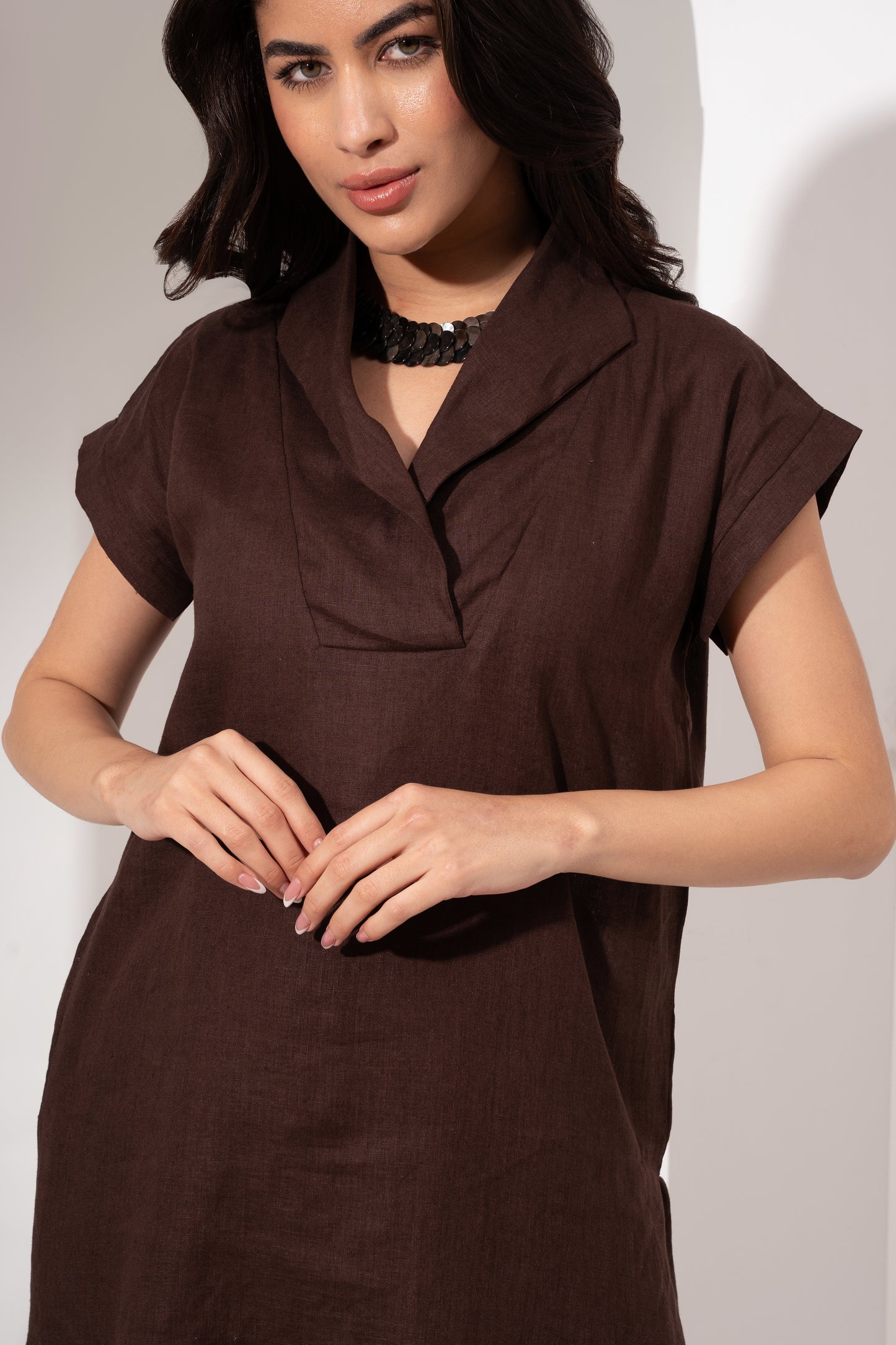 Wood Brown High-Neck Kaftan with Pant Set