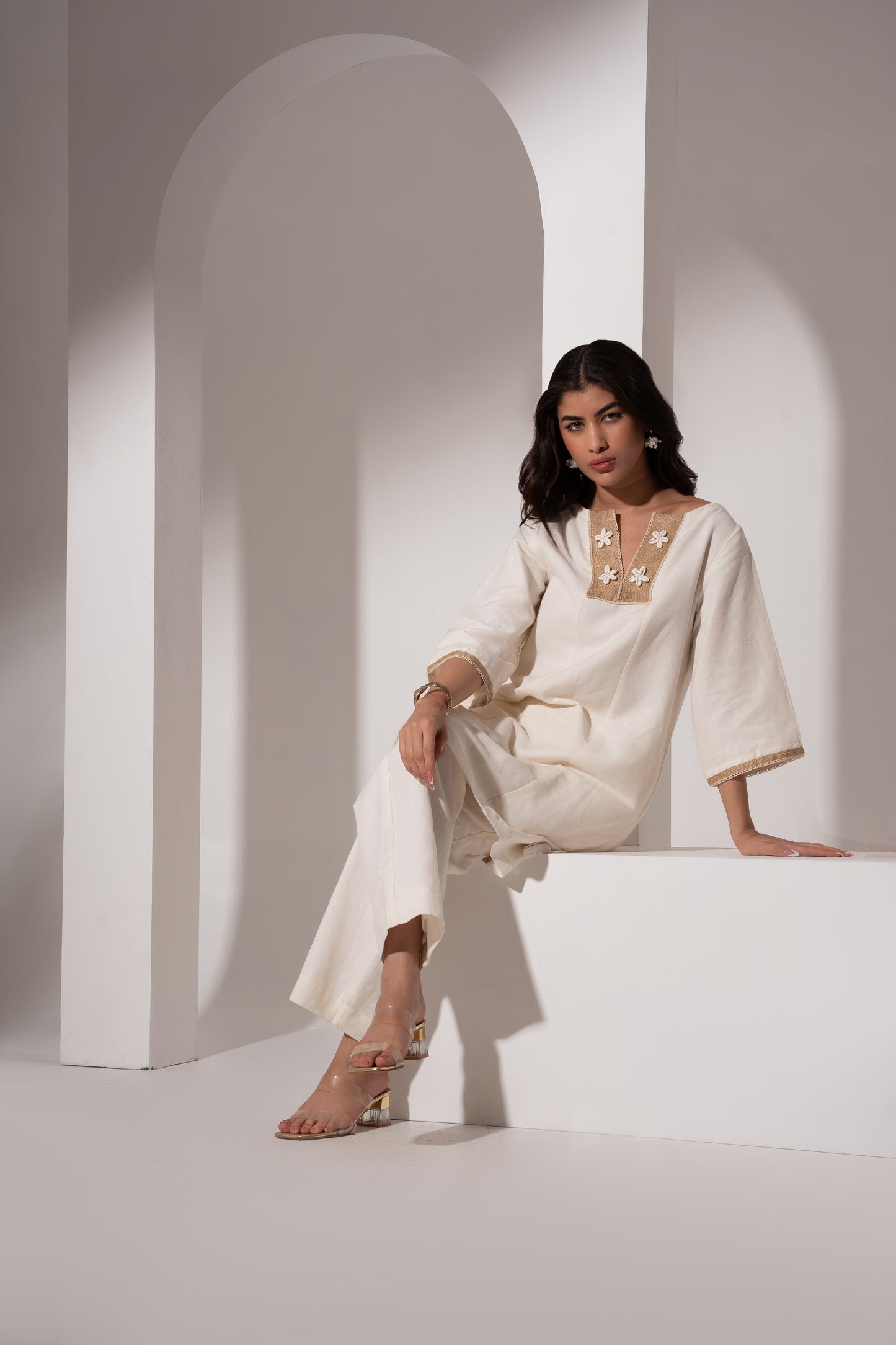 Off-White Short Kurta with Yoke Detail