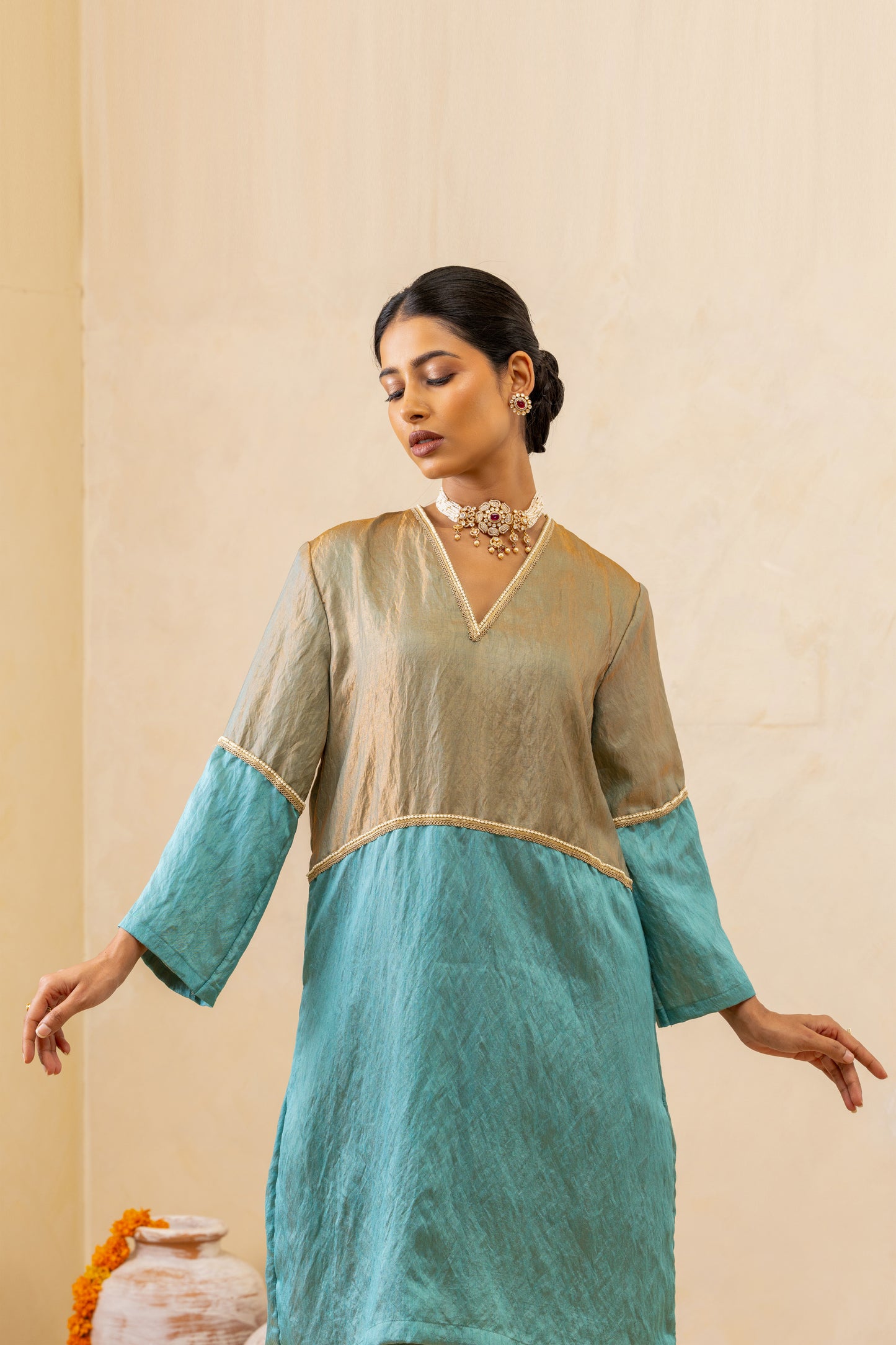 Light Blue Half-and-Half Short Kurta and Pant Set