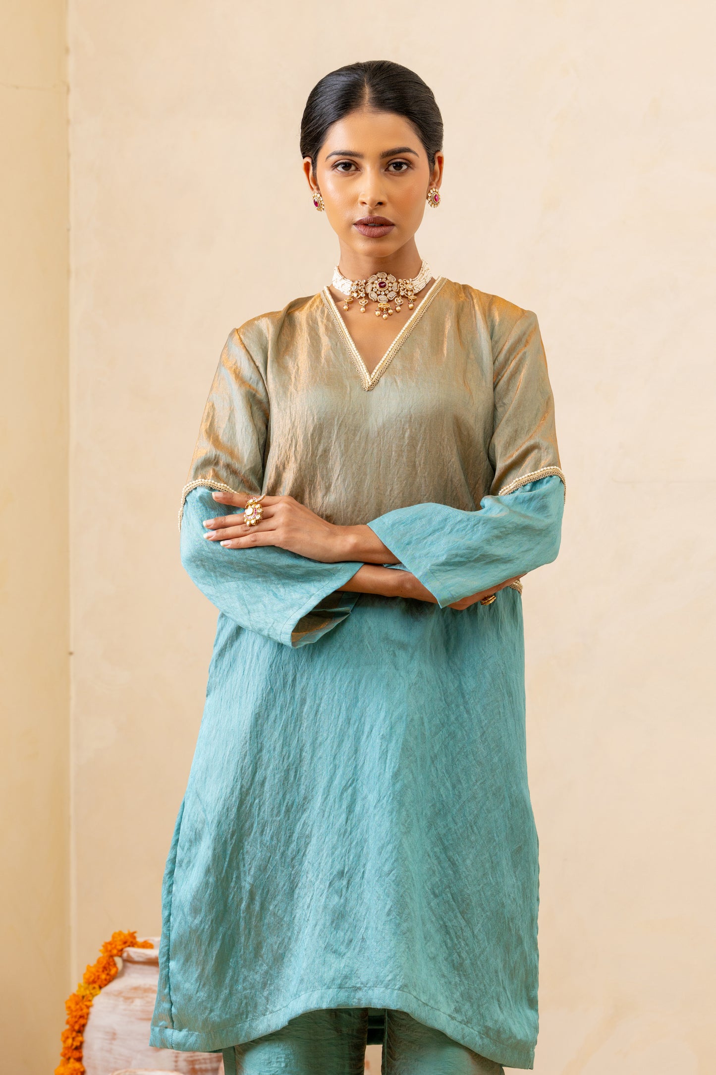 Light Blue Half-and-Half Short Kurta and Pant Set