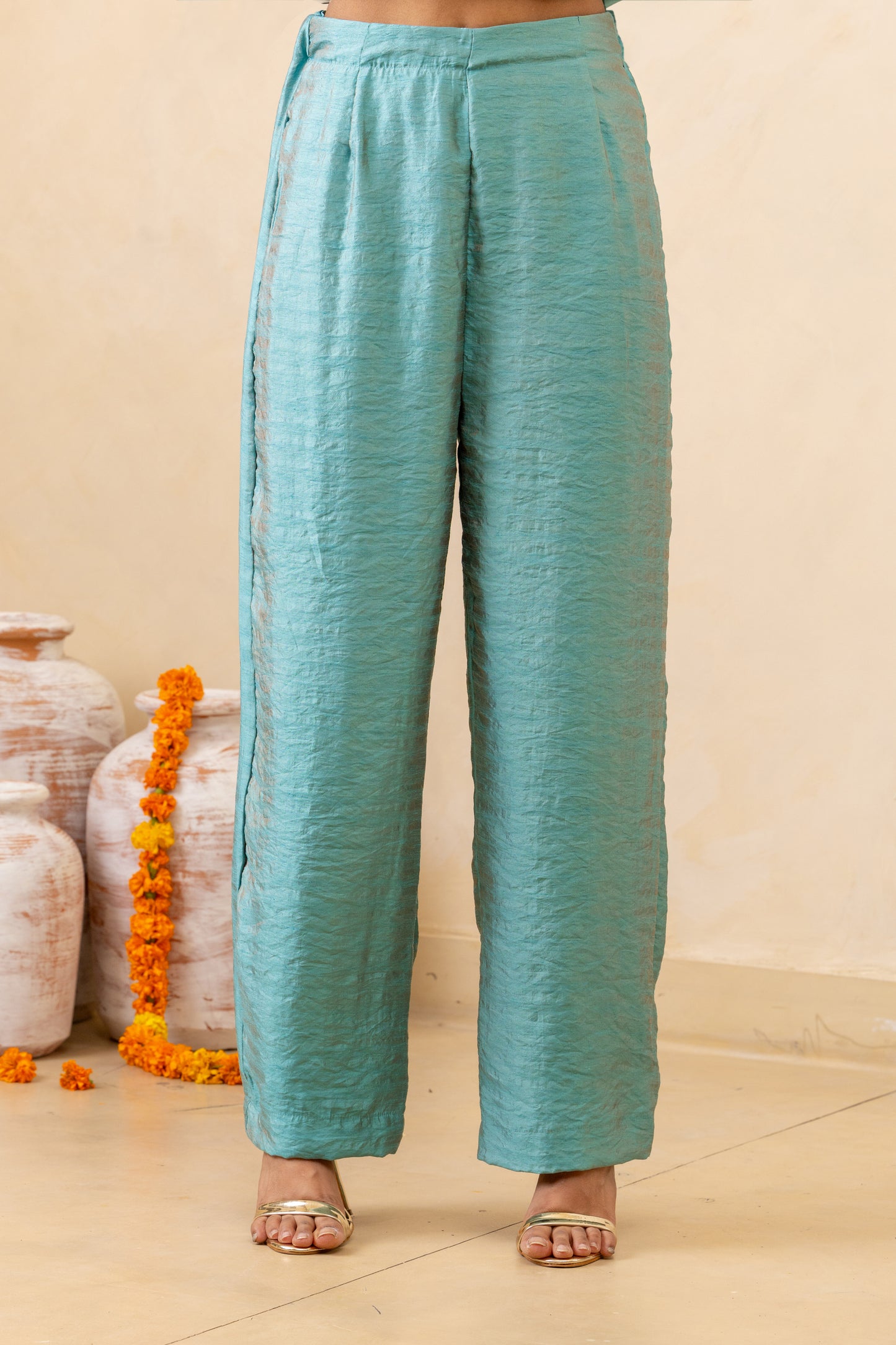 Light Blue One-Shoulder Flared Top and Pant Set