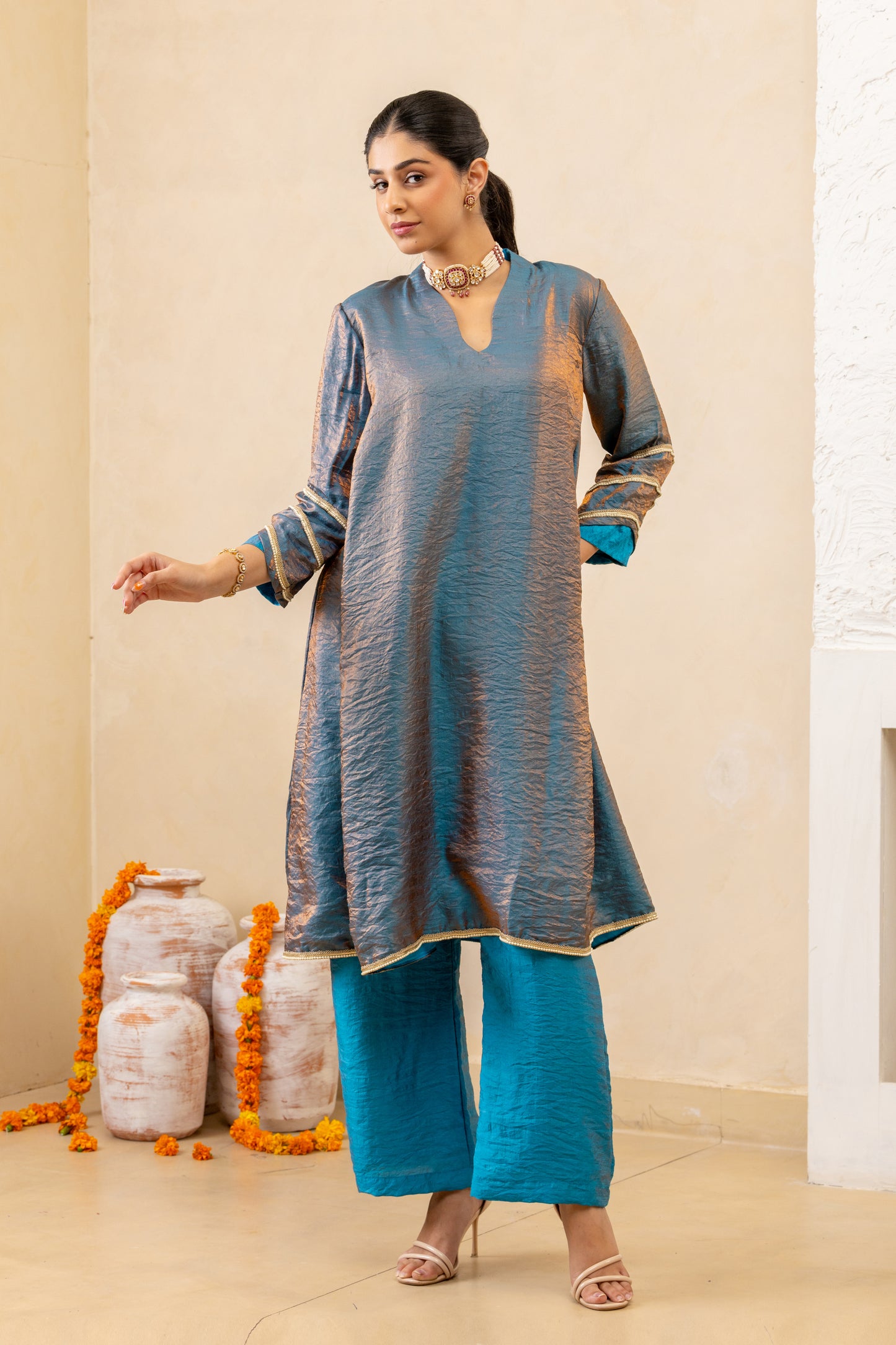 Dark Blue Side Godet Panelled Kurta and Pant Set