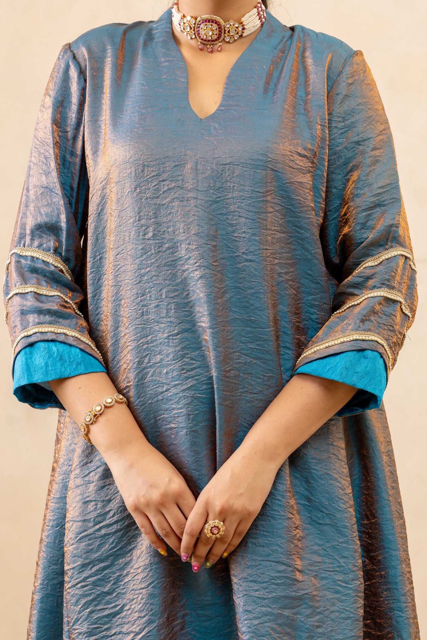 Dark Blue Side Godet Panelled Kurta and Pant Set
