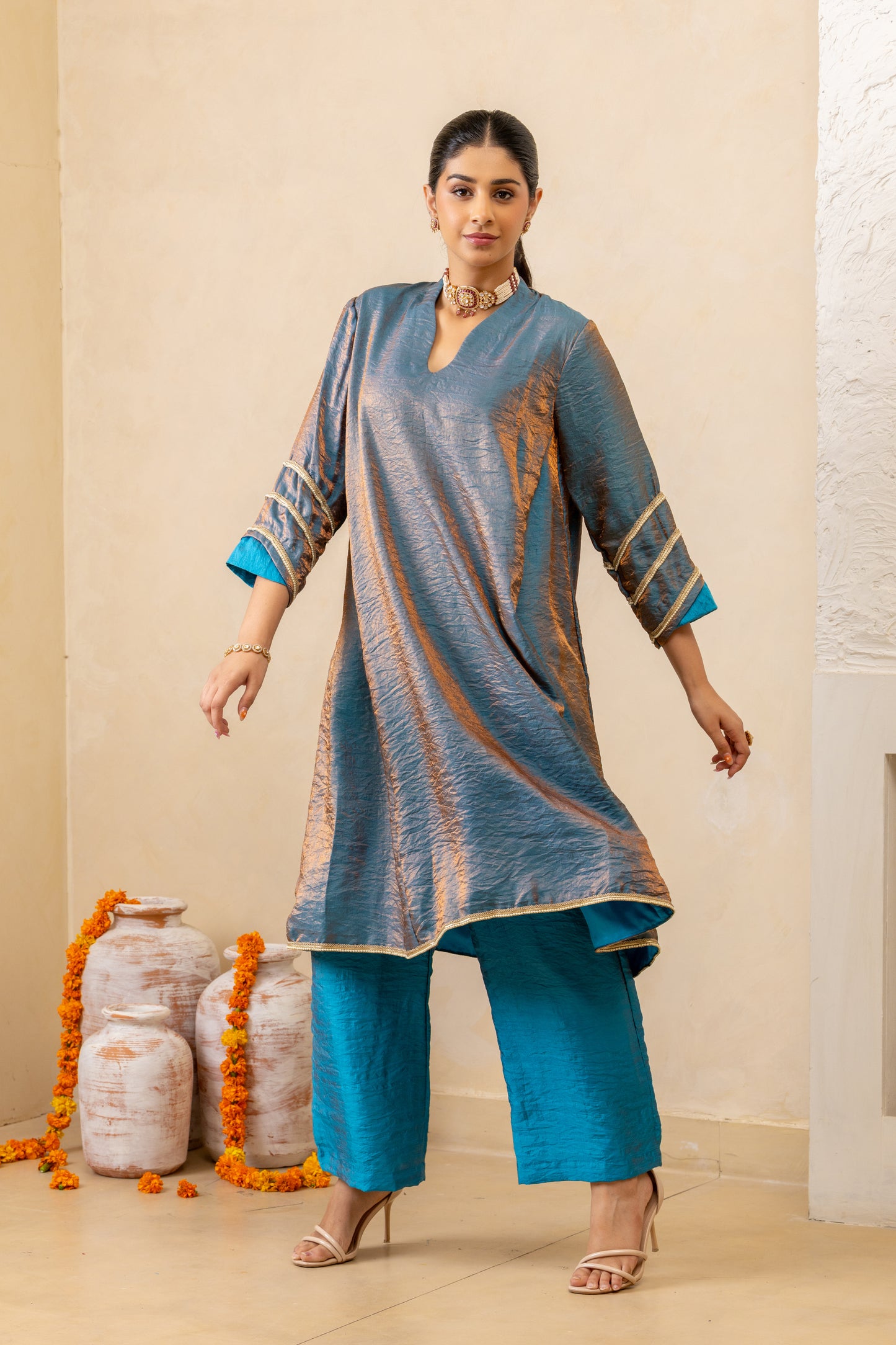 Dark Blue Side Godet Panelled Kurta and Pant Set