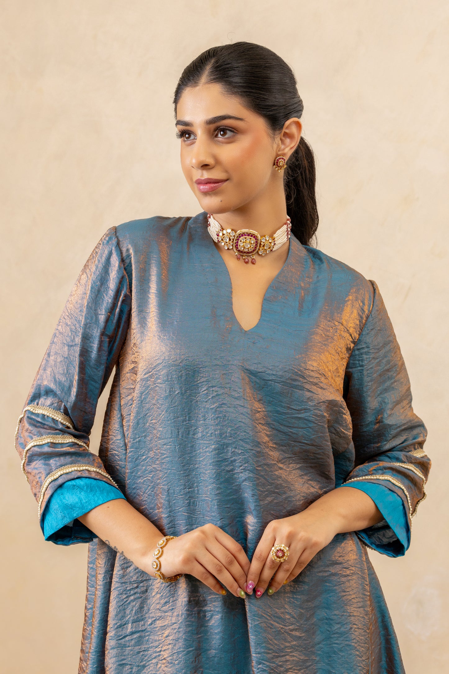 Dark Blue Side Godet Panelled Kurta and Pant Set