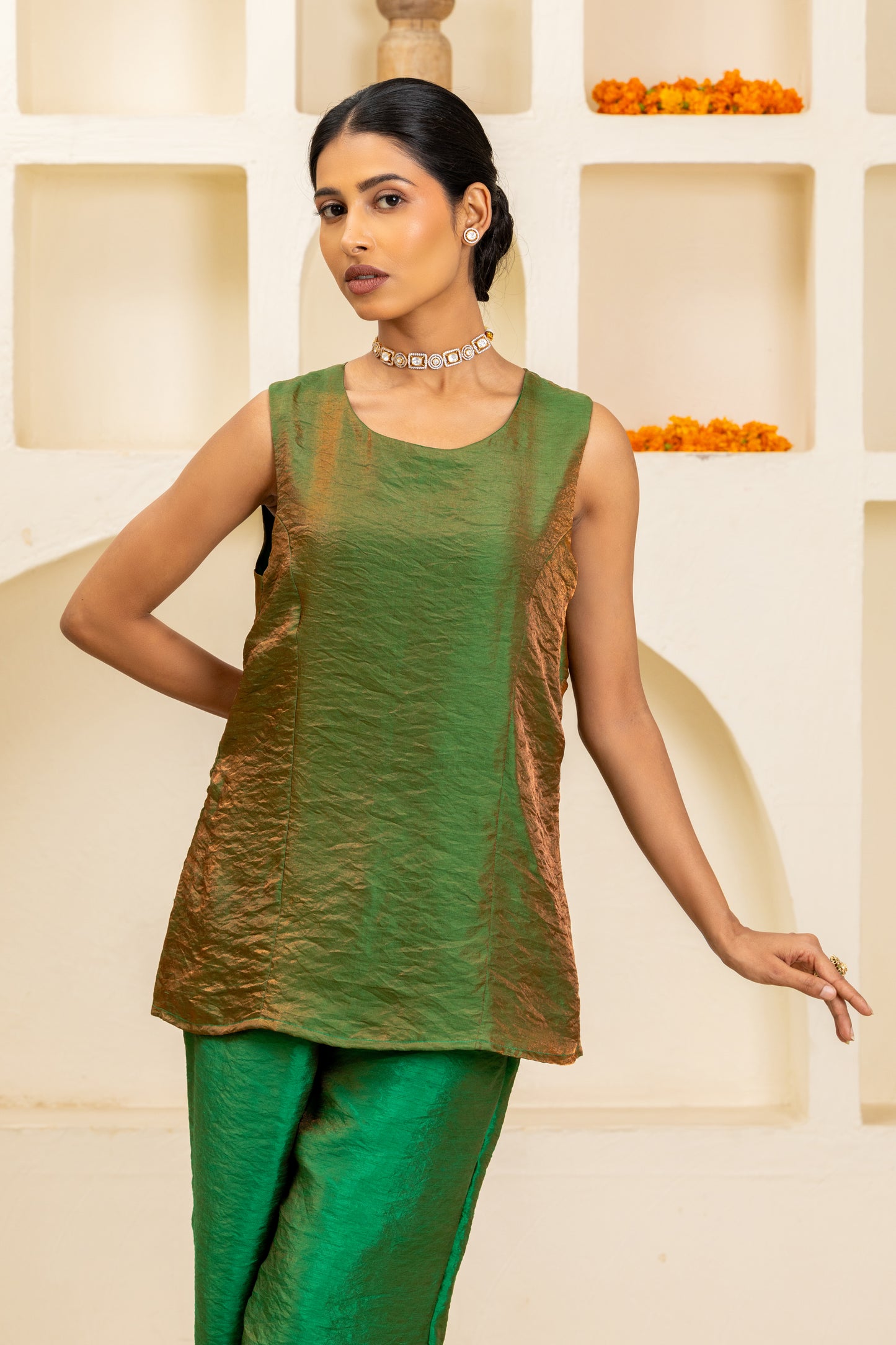 Green Twisted Knot Sleeveless Top and Pant Set