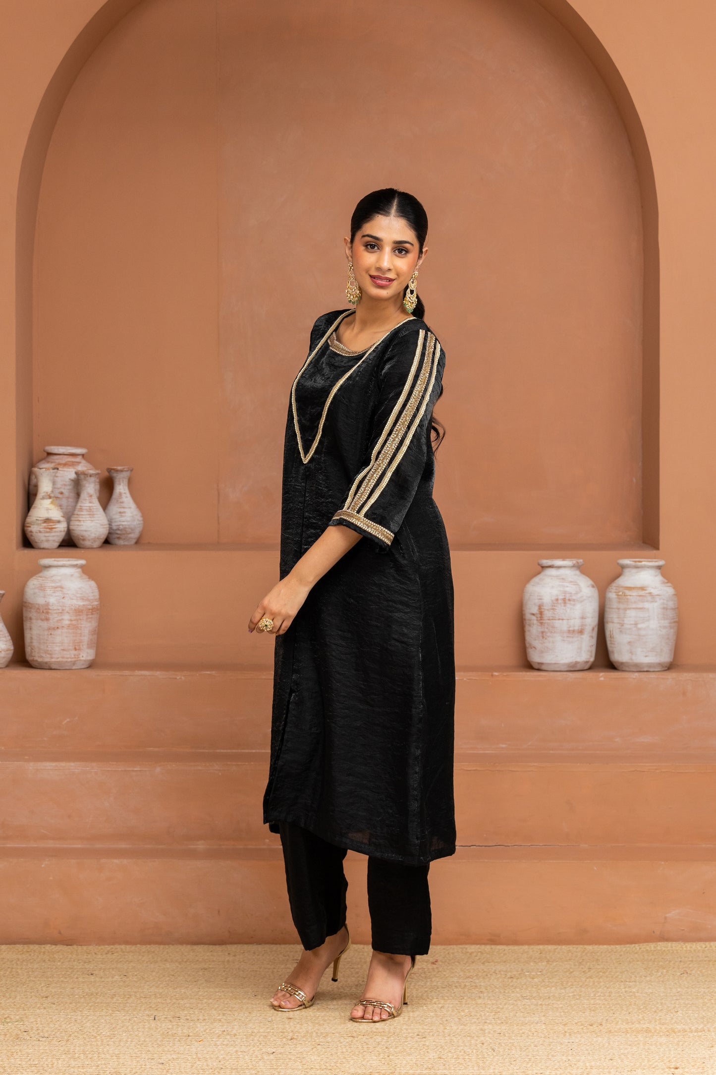 Black Big Yoke Long Kurta and Pant Set