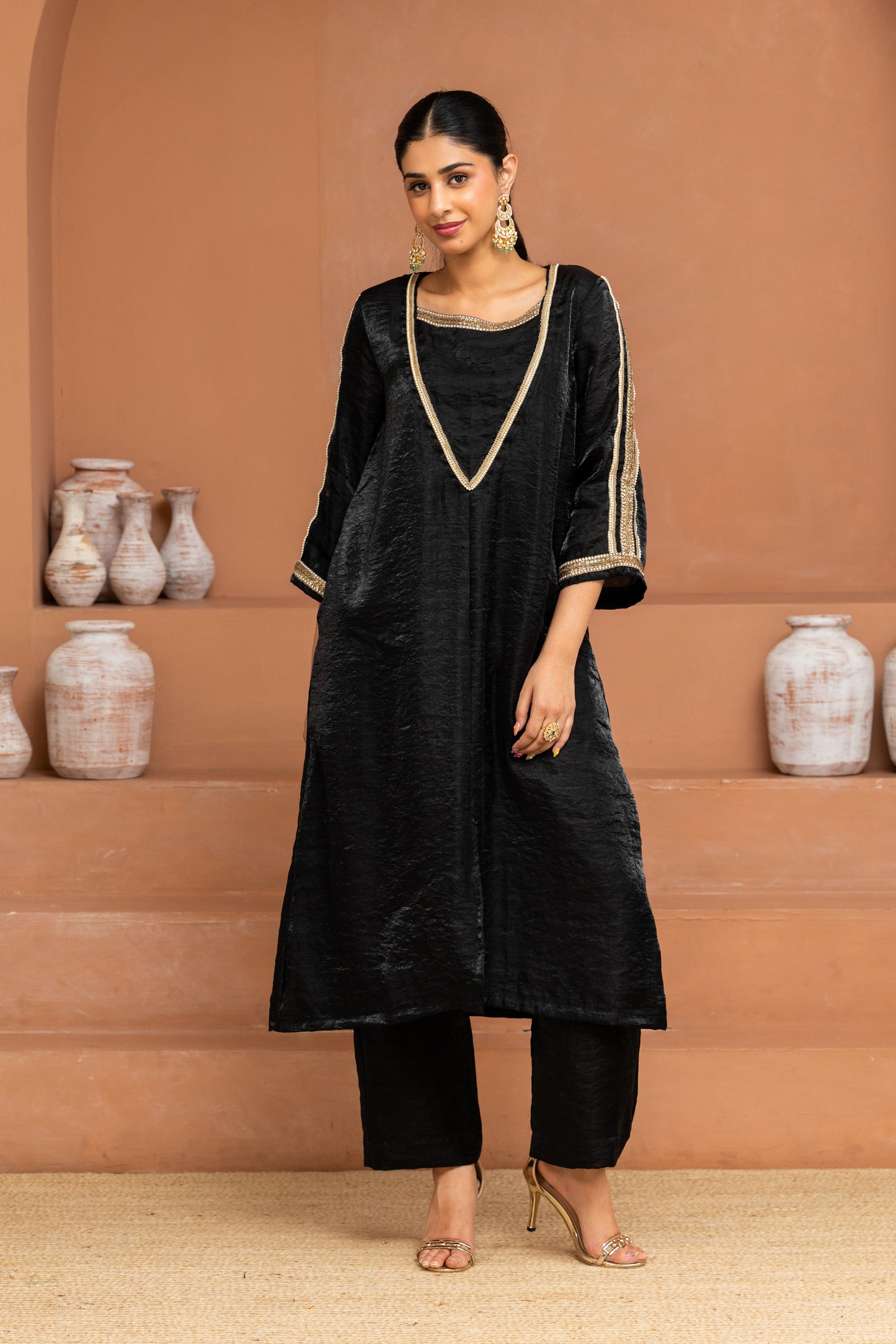 Black Big Yoke Long Kurta and Pant Set