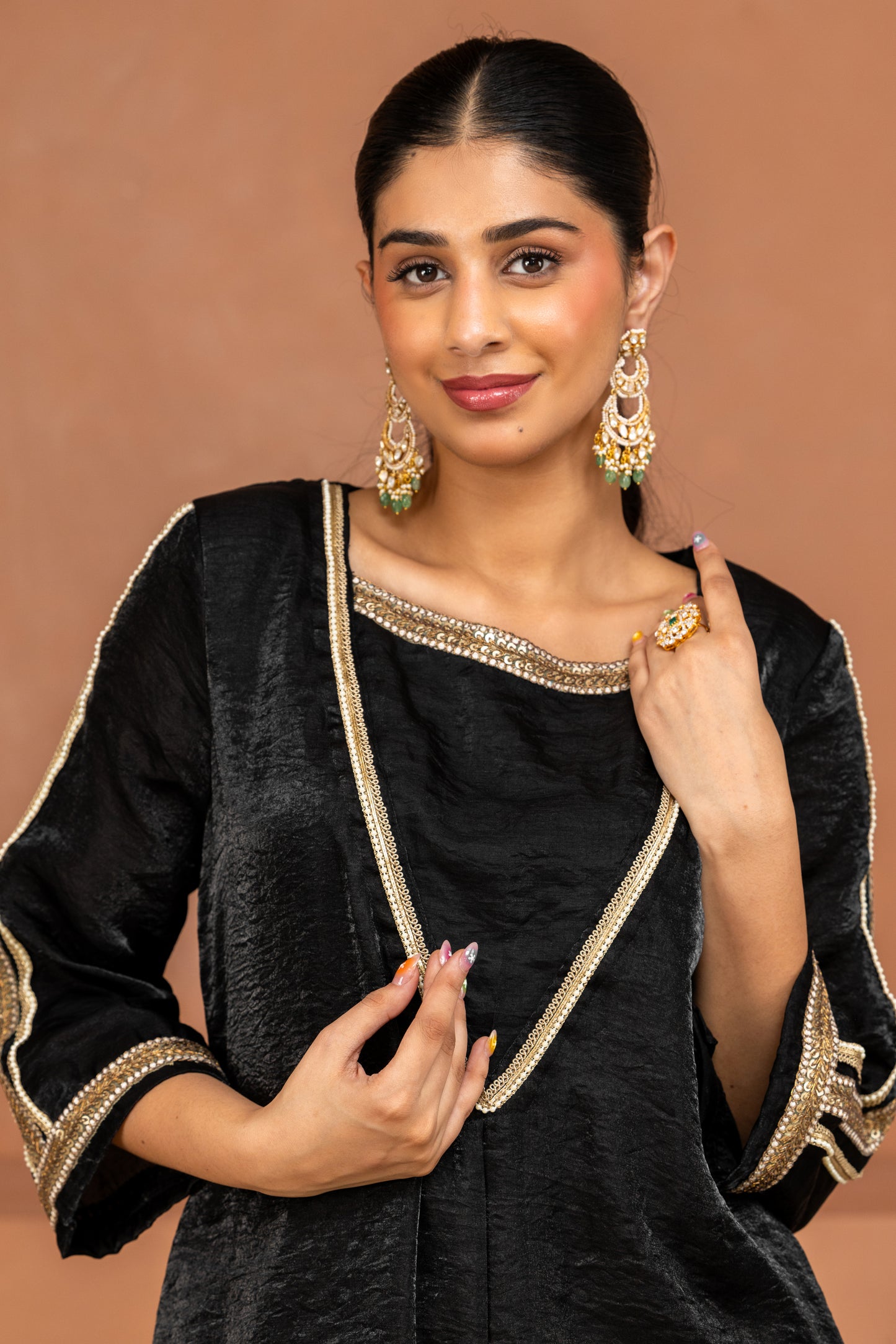 Black Big Yoke Long Kurta and Pant Set