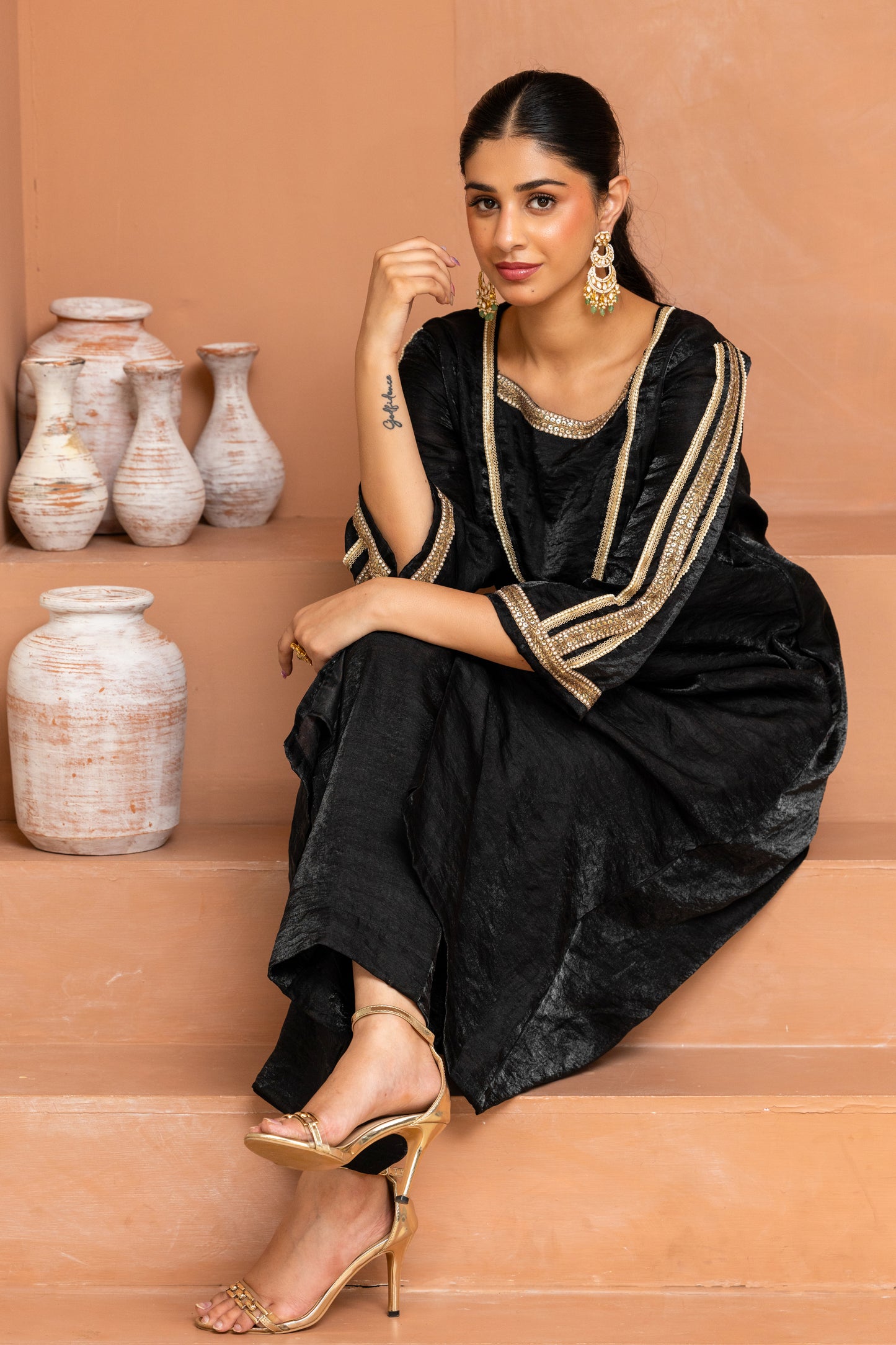 Black Big Yoke Long Kurta and Pant Set