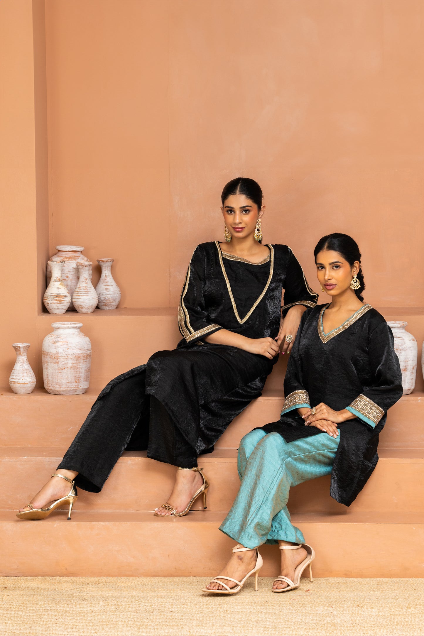 Black Big Yoke Long Kurta and Pant Set