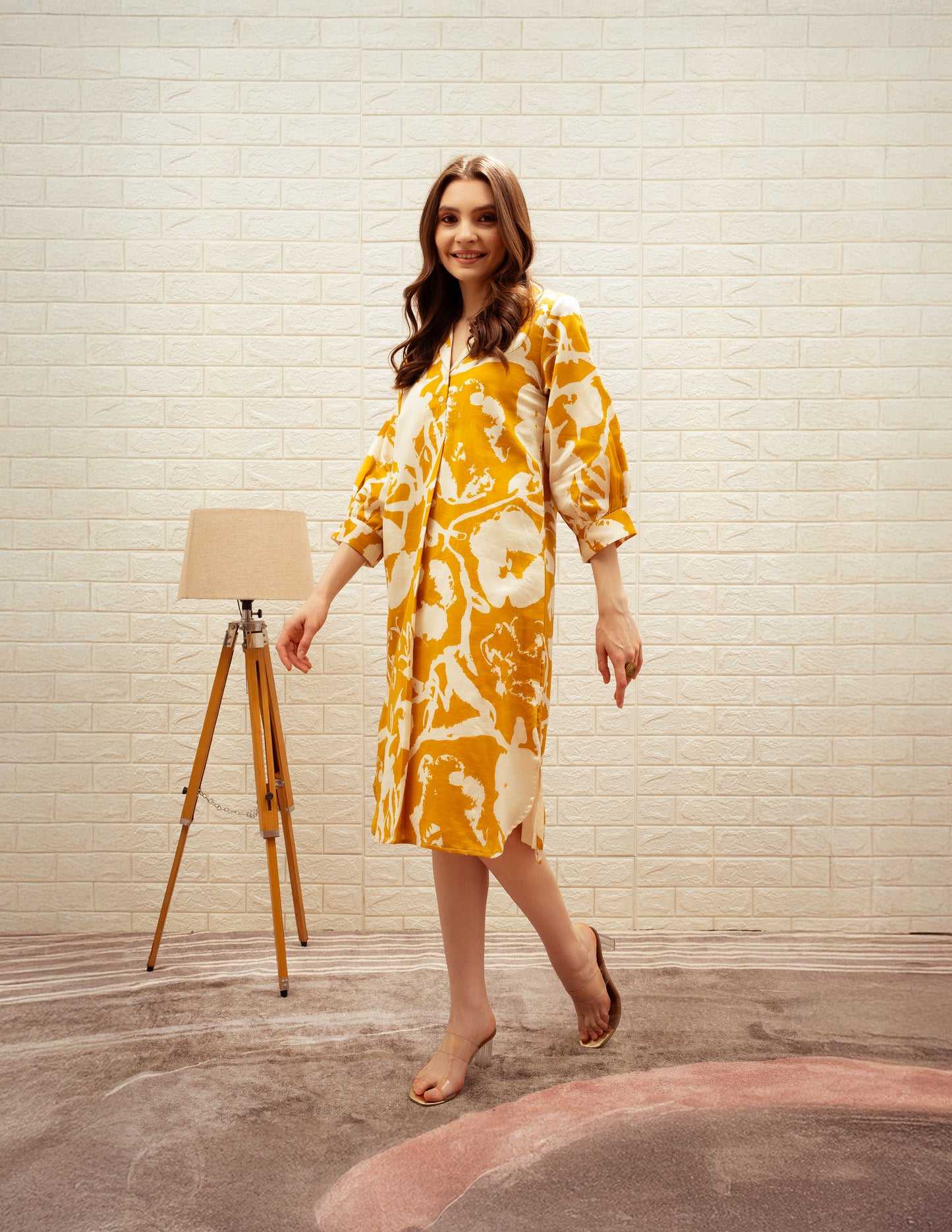 Straight-Cut Printed Collared Midi Dress