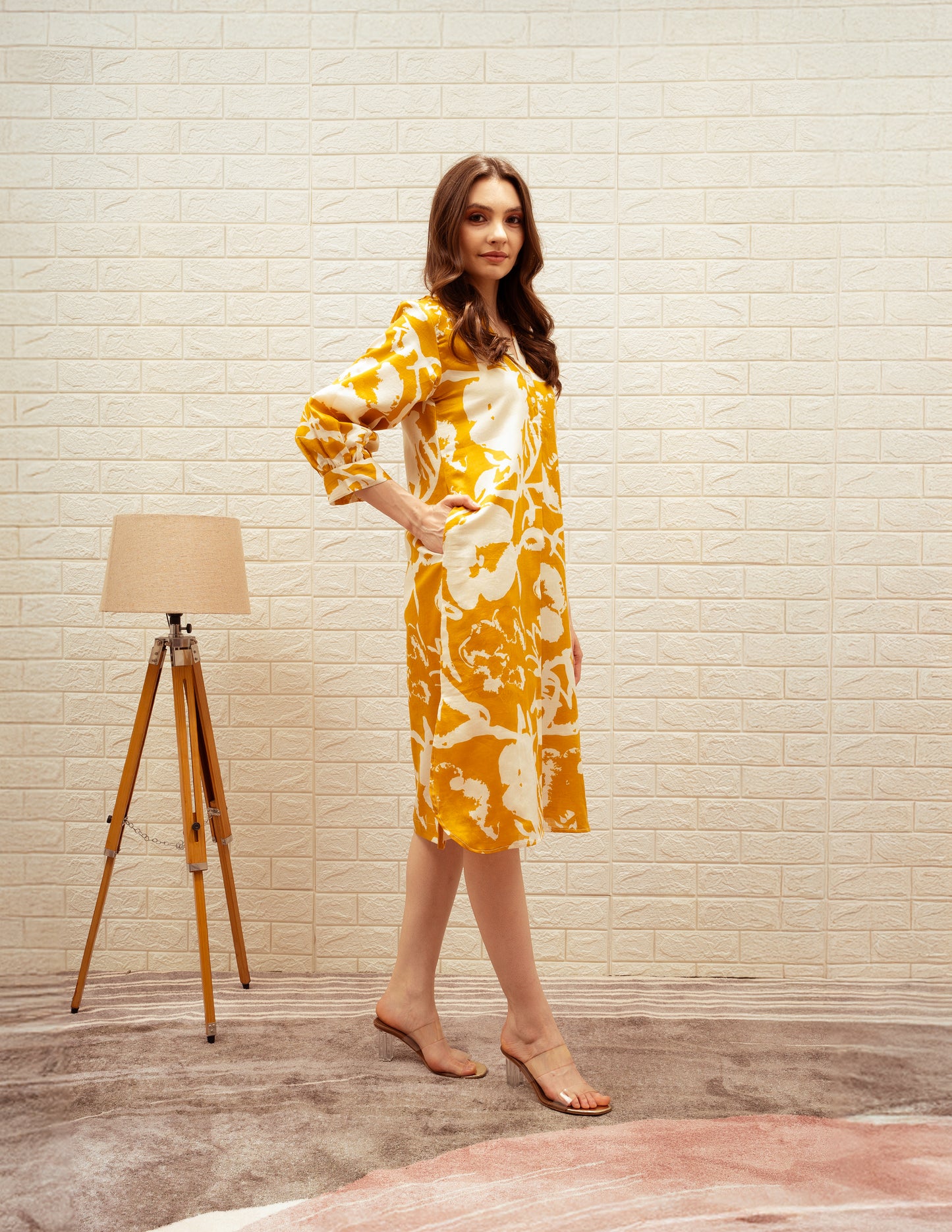 Straight-Cut Printed Collared Midi Dress