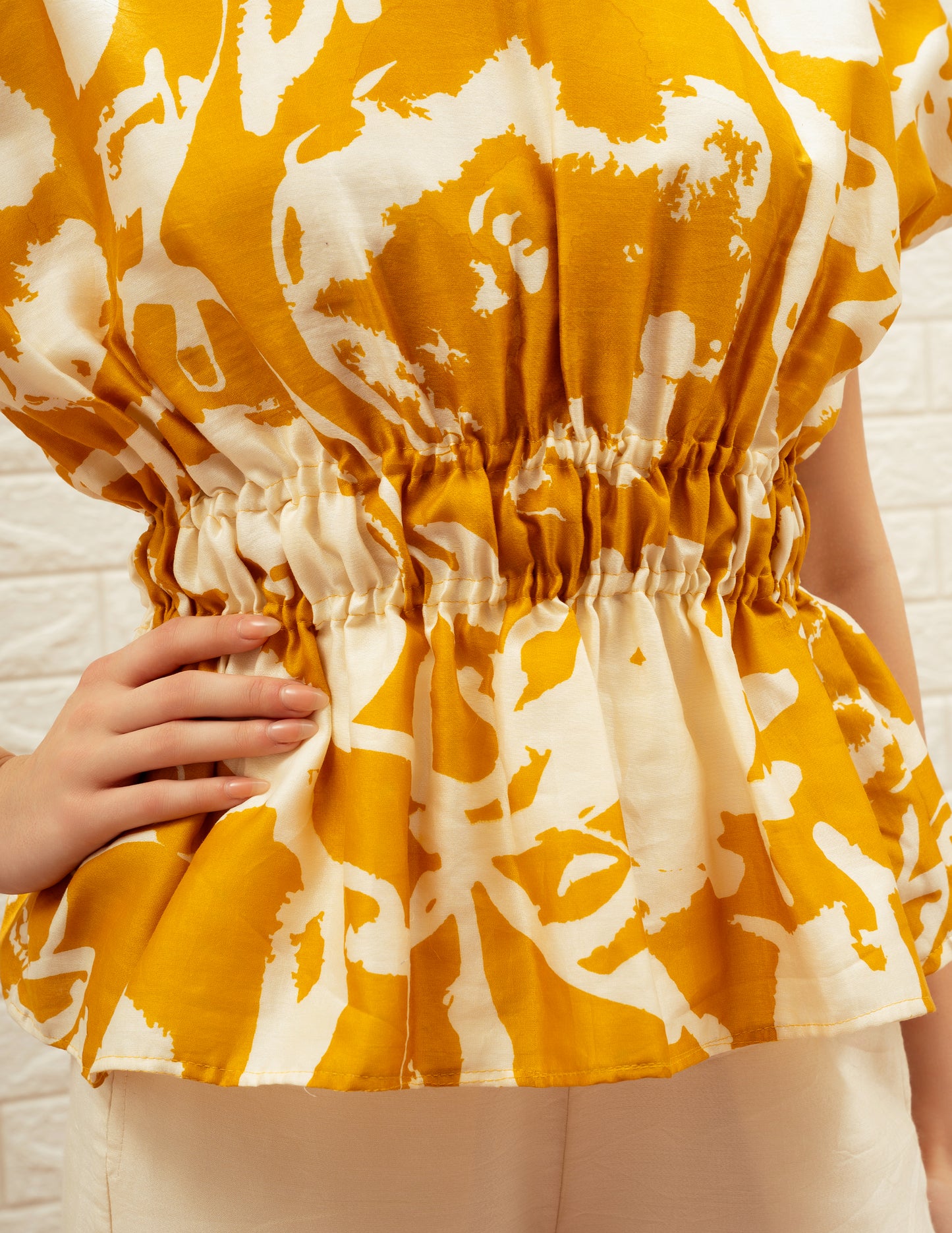 Printed Elasticated Kaftan Top & Off-White High-Waist Pant Set