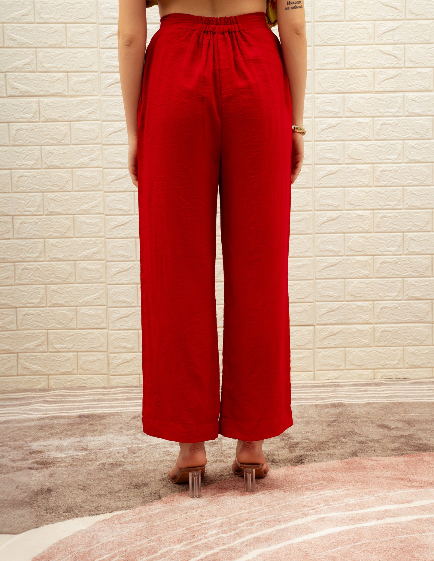 Angrakha Style Printed Top with Red High Waisted Pant Set