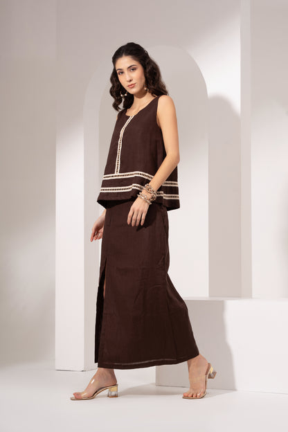 Wood Brown Sleevelss Panelled Top
