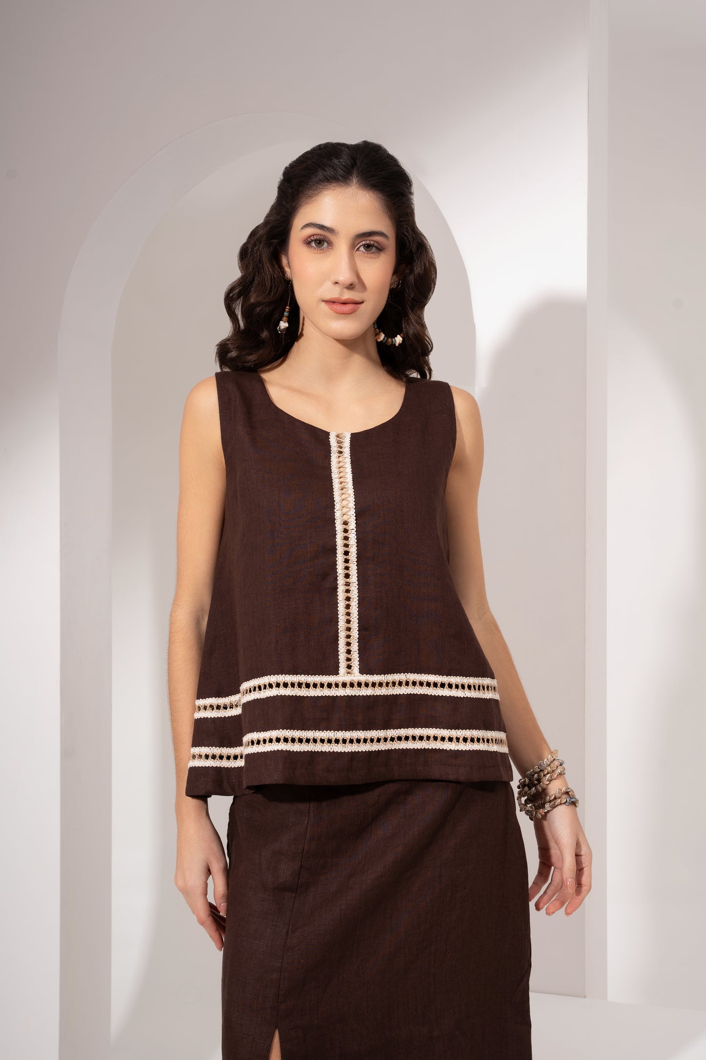 Wood Brown Sleevelss Panelled Top