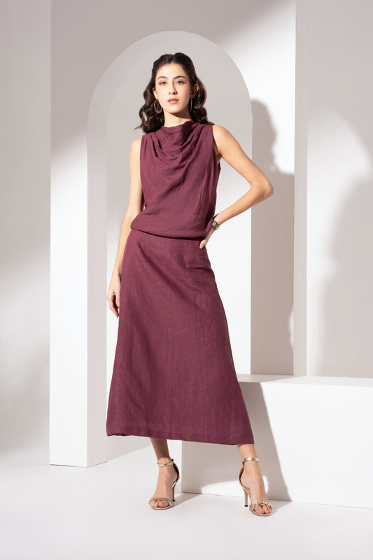 Wine Cowl-Neck Long Dress