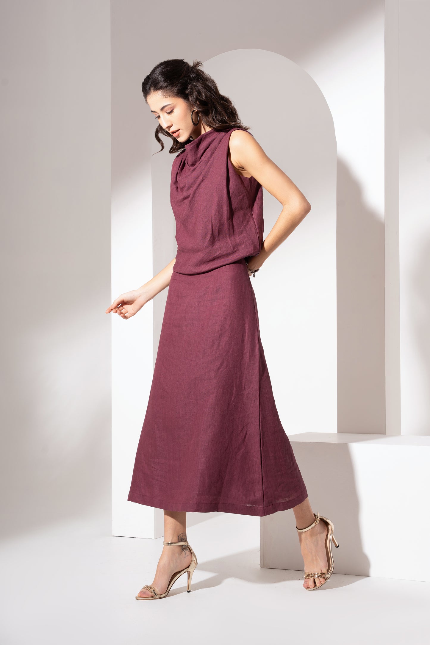 Wine Cowl-Neck Long Dress