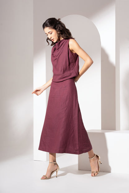 Wine Cowl-Neck Long Dress
