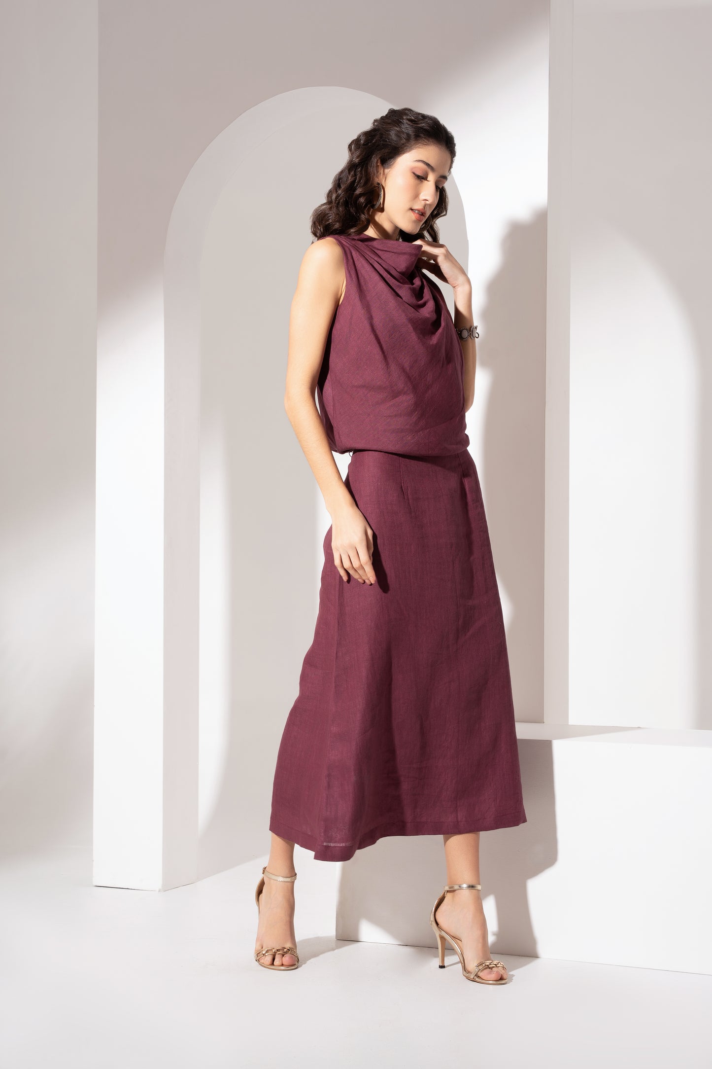 Wine Cowl-Neck Long Dress