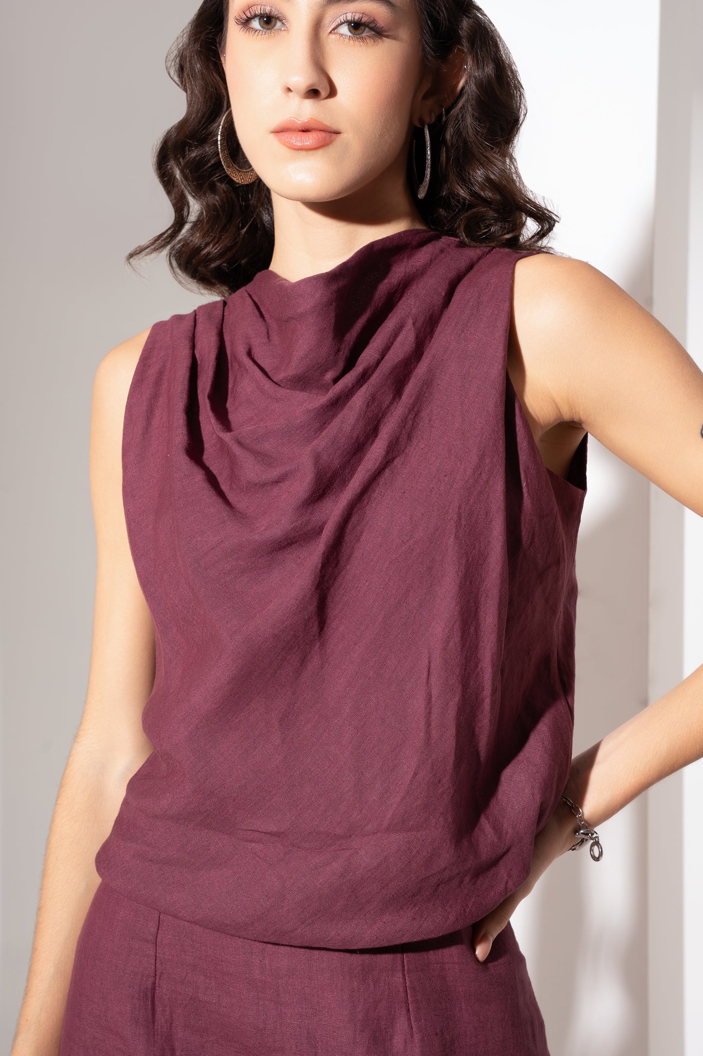 Wine Cowl-Neck Long Dress