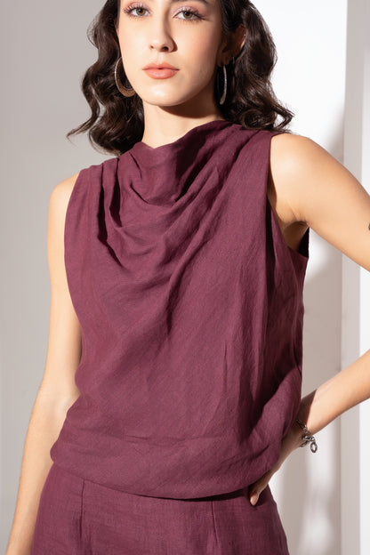 Wine Cowl-Neck Long Dress