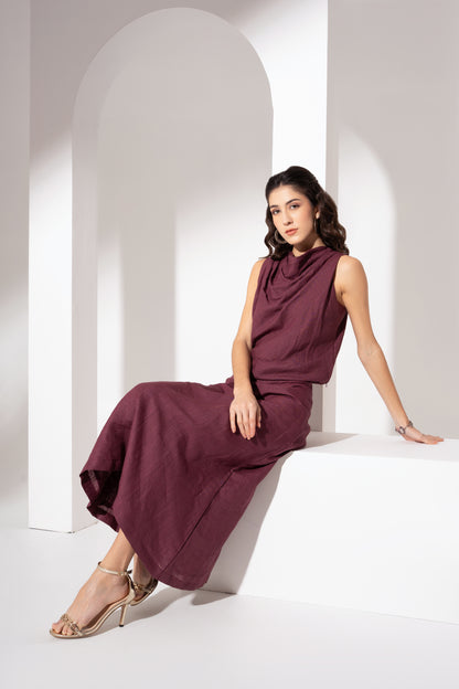 Wine Cowl-Neck Long Dress