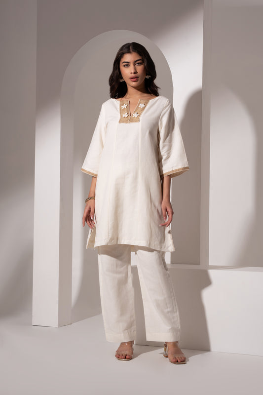 Off-White Short Kurta with Yoke Detail