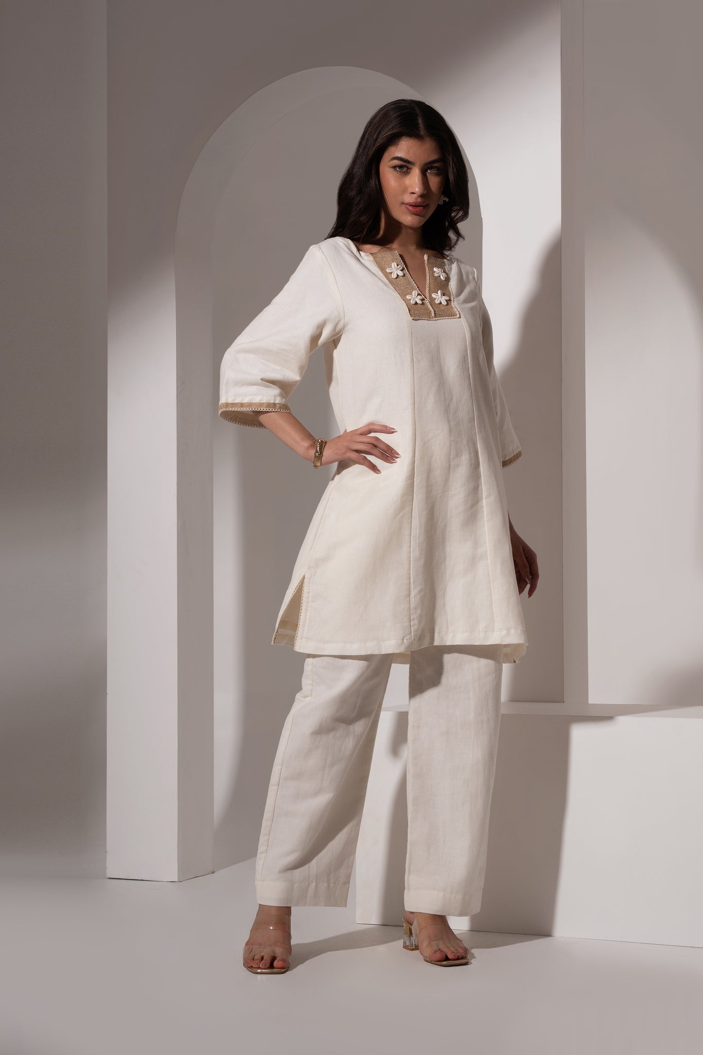 Off-White Short Kurta with Yoke Detail