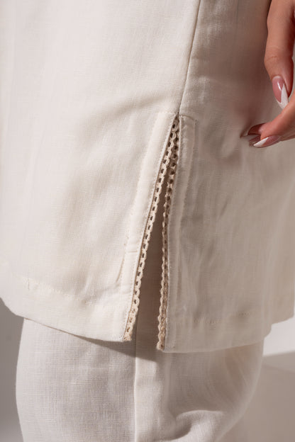 Off-White Short Kurta with Yoke Detail