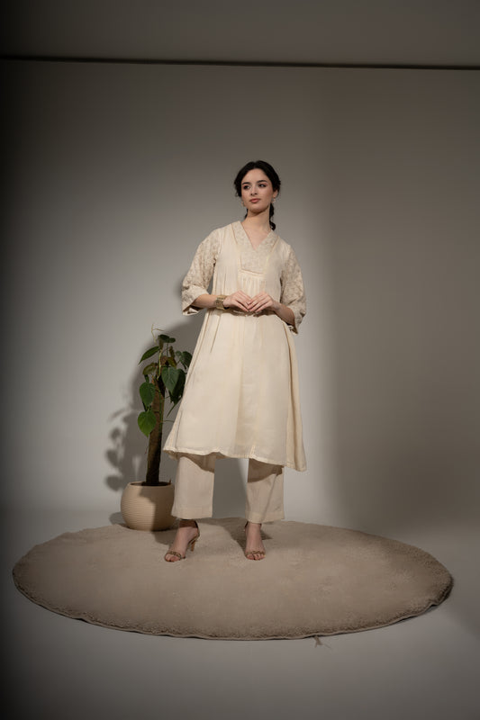 A-Line Embroidered Kurta with Cotton Linen Pants Set