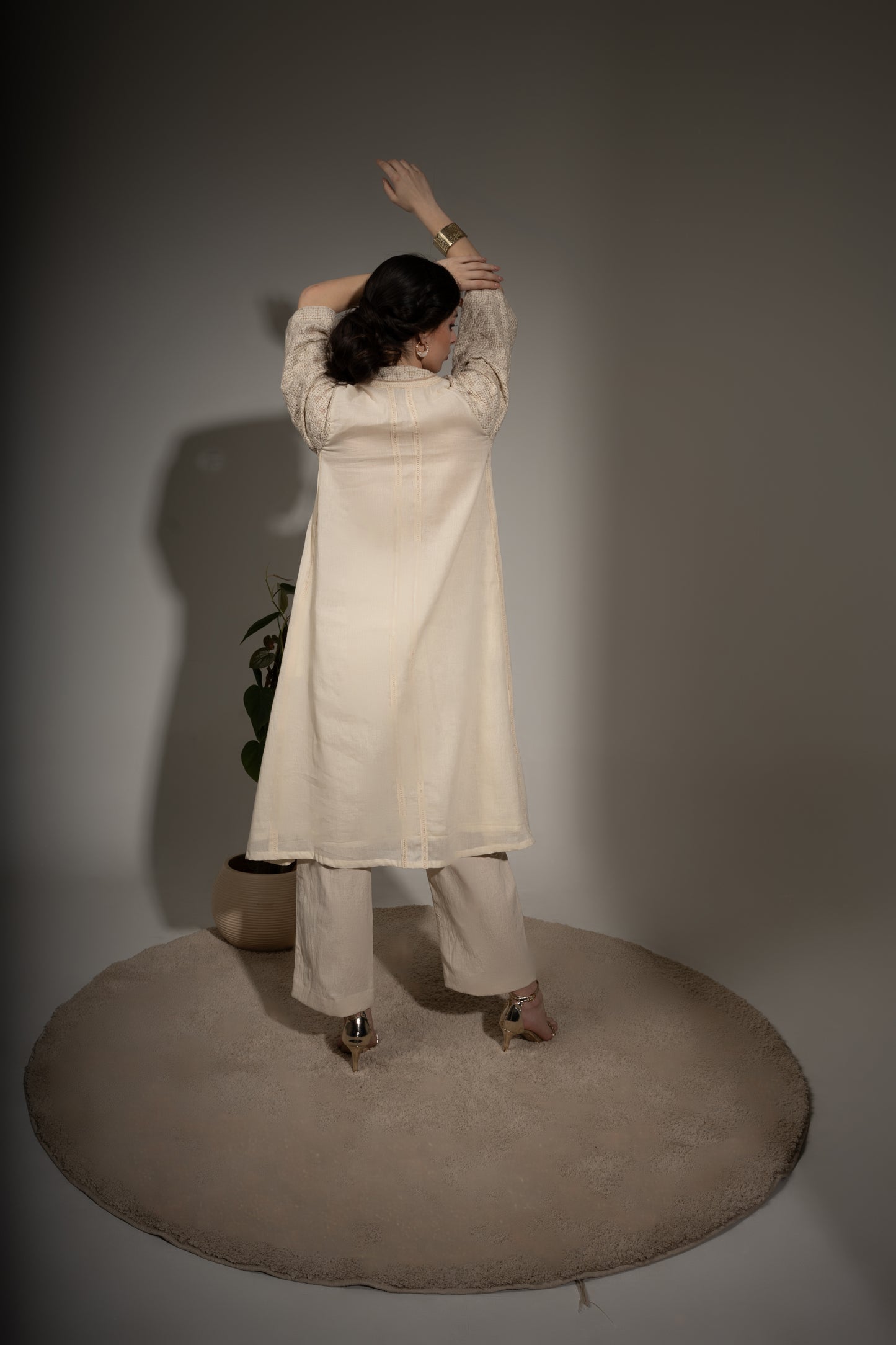 A-Line Embroidered Kurta with Cotton Linen Pants Set