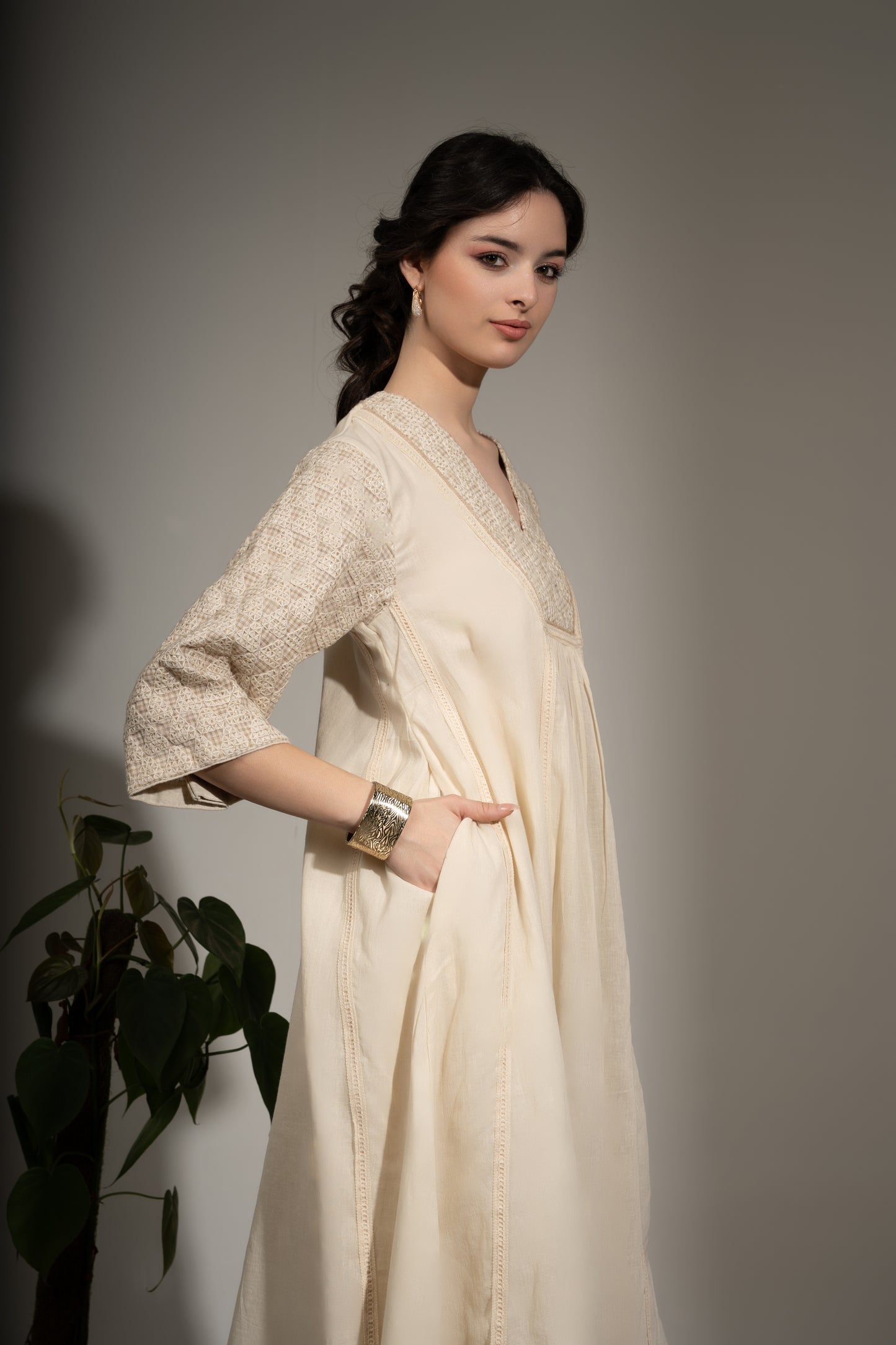 A-Line Embroidered Kurta with Cotton Linen Pants Set
