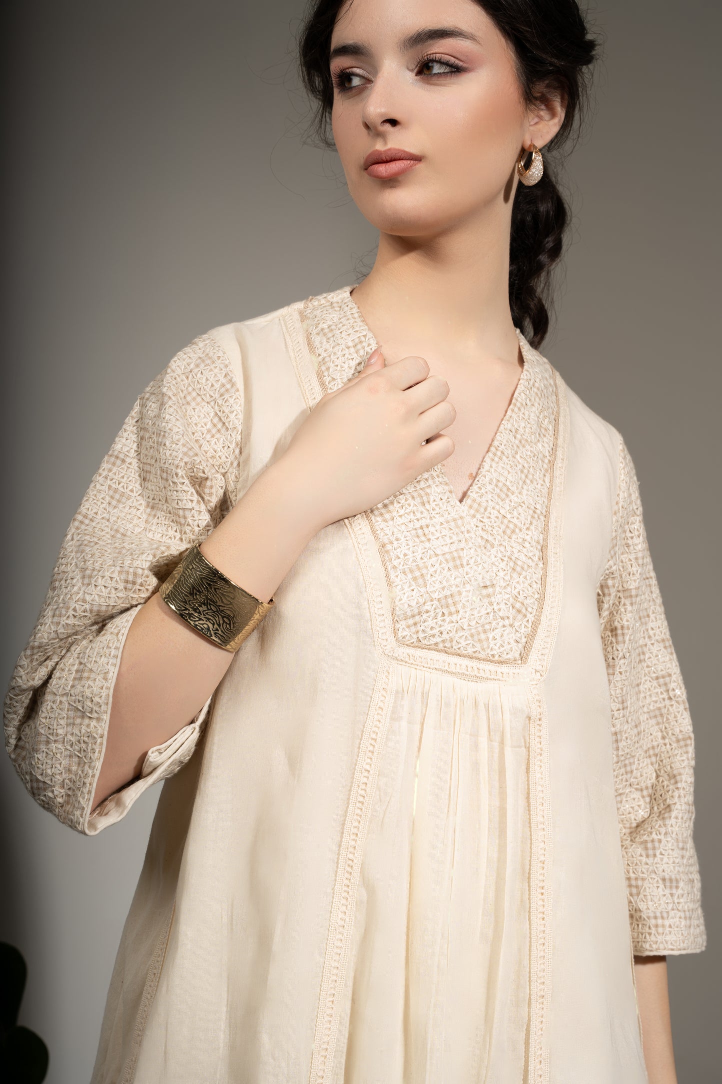A-Line Embroidered Kurta with Cotton Linen Pants Set