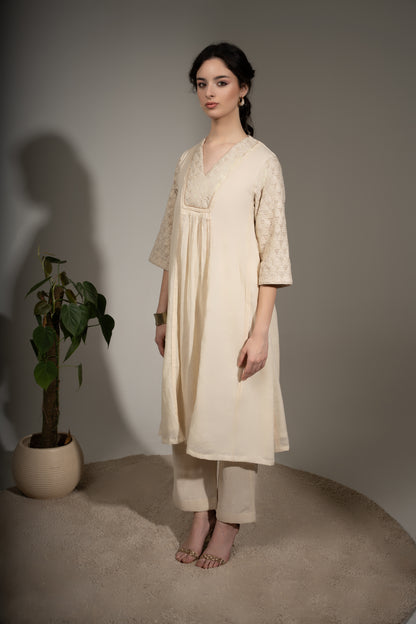 A-Line Embroidered Kurta with Cotton Linen Pants Set