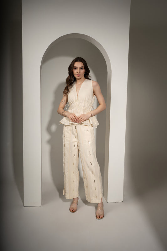Dobby Sleeveless Drawstring Top and Textured Pant Set