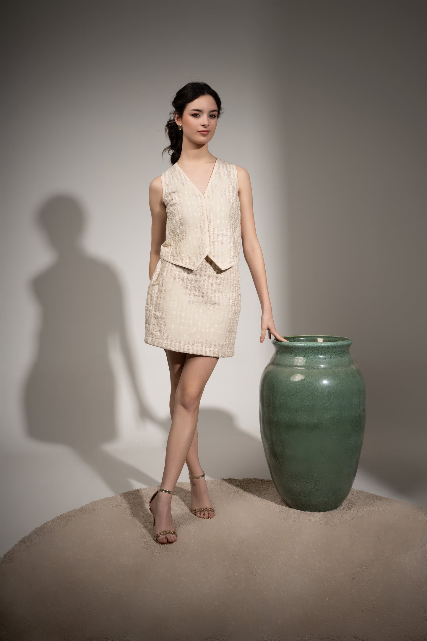 Embroidered Waistcoat Top and Short Skirt Set