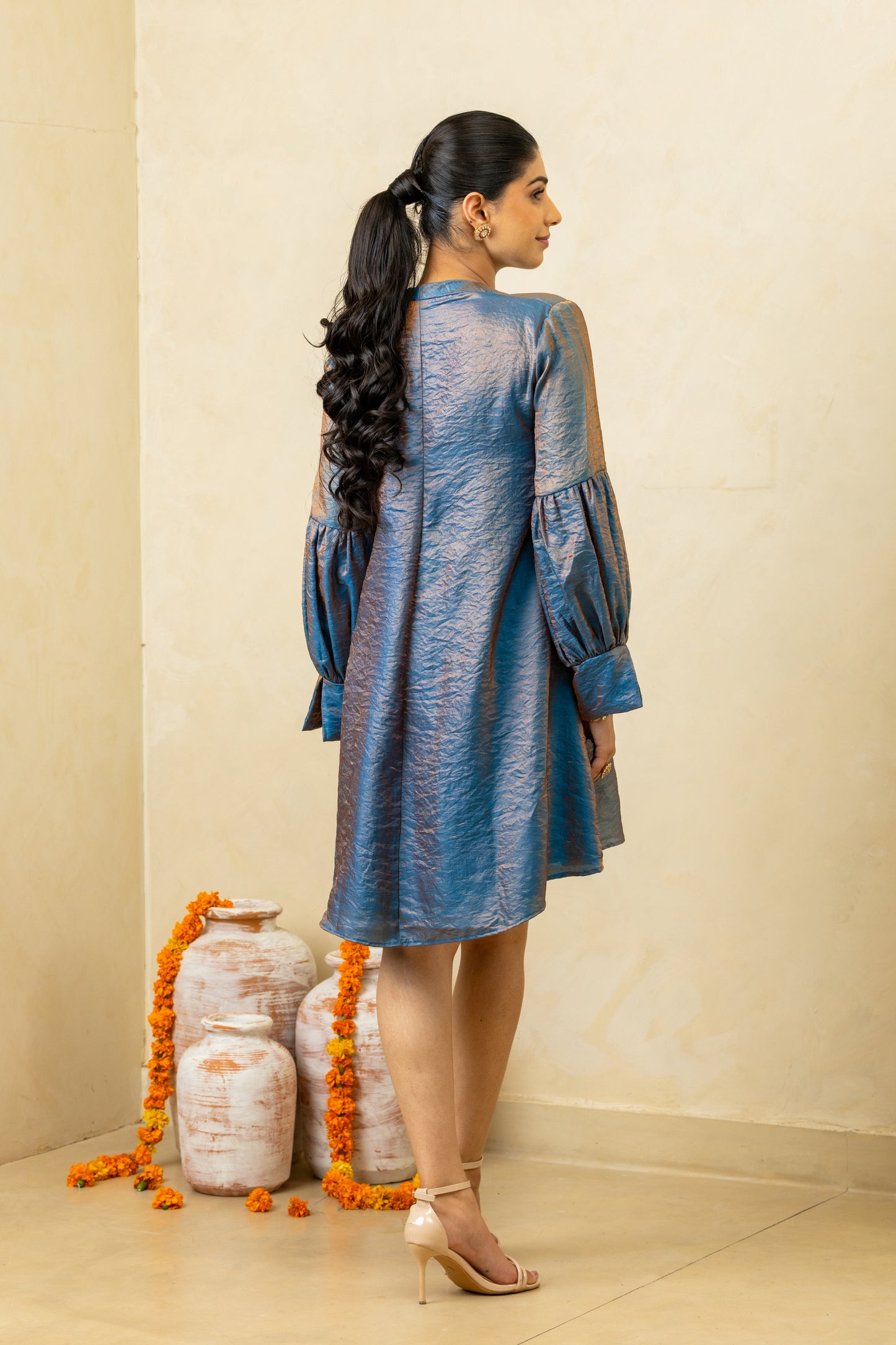 Dark Blue Puffed-Sleeve Short Dress