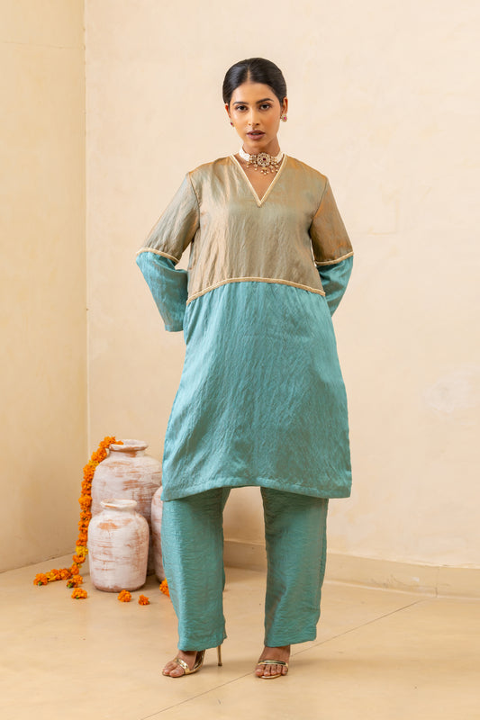 Light Blue Half-and-Half Short Kurta and Pant Set