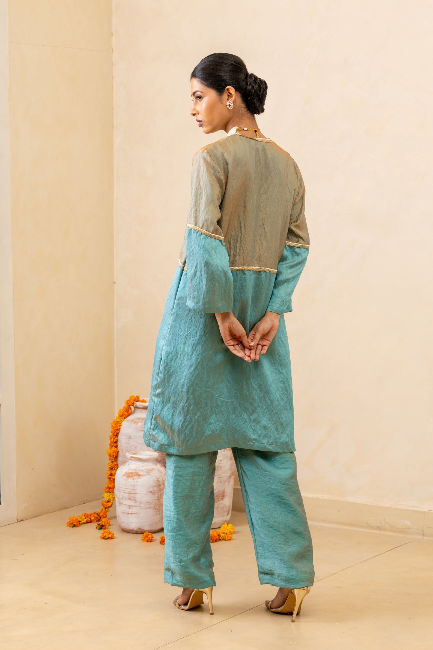 Light Blue Half-and-Half Short Kurta and Pant Set