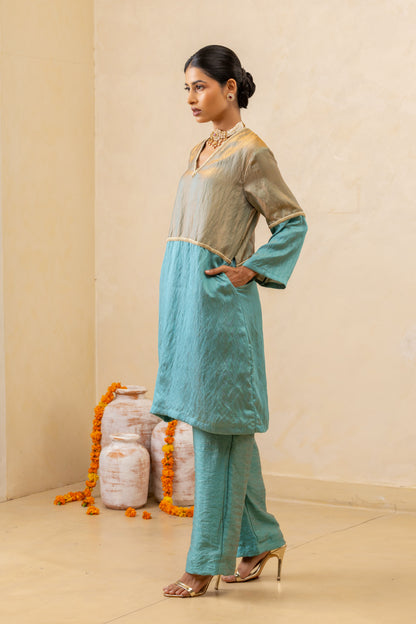 Light Blue Half-and-Half Short Kurta and Pant Set