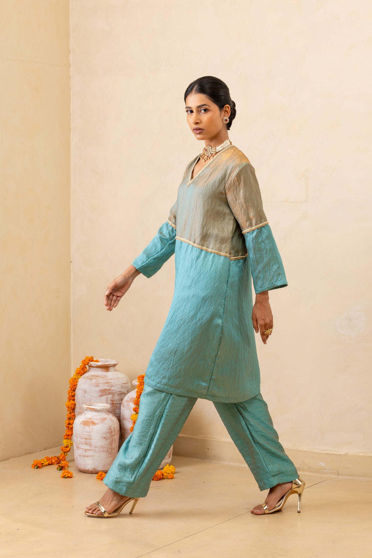 Light Blue Half-and-Half Short Kurta and Pant Set