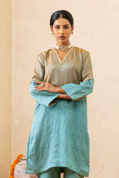 Light Blue Half-and-Half Short Kurta and Pant Set