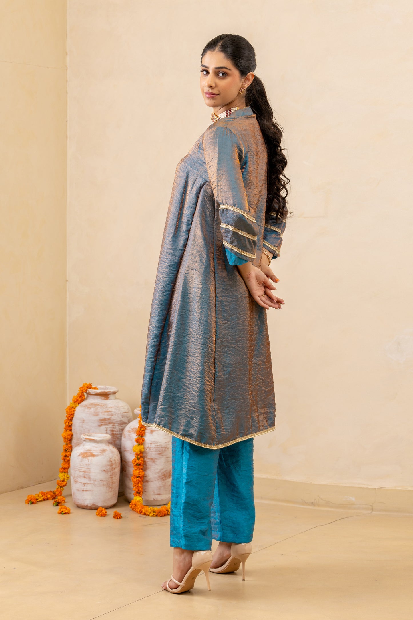 Dark Blue Side Godet Panelled Kurta and Pant Set