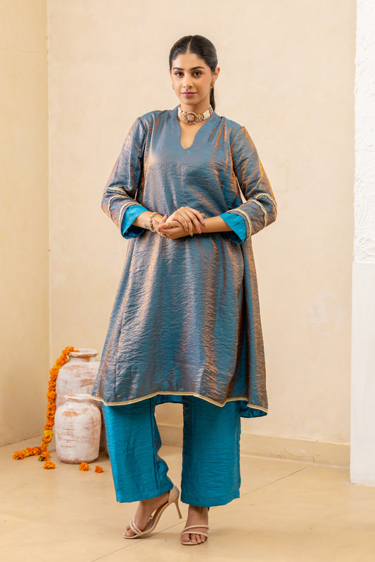 Dark Blue Side Godet Panelled Kurta and Pant Set