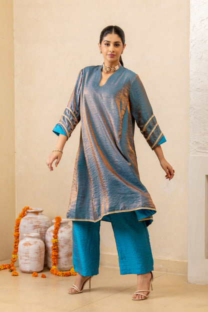Dark Blue Side Godet Panelled Kurta and Pant Set