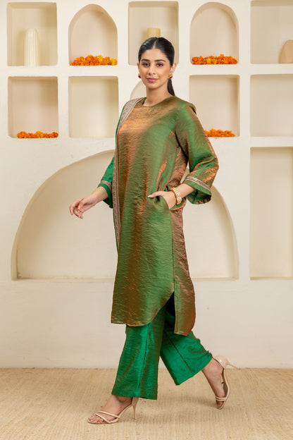 Green Long Panelled Kurta and Pant Set