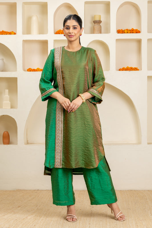 Green Long Panelled Kurta and Pant Set