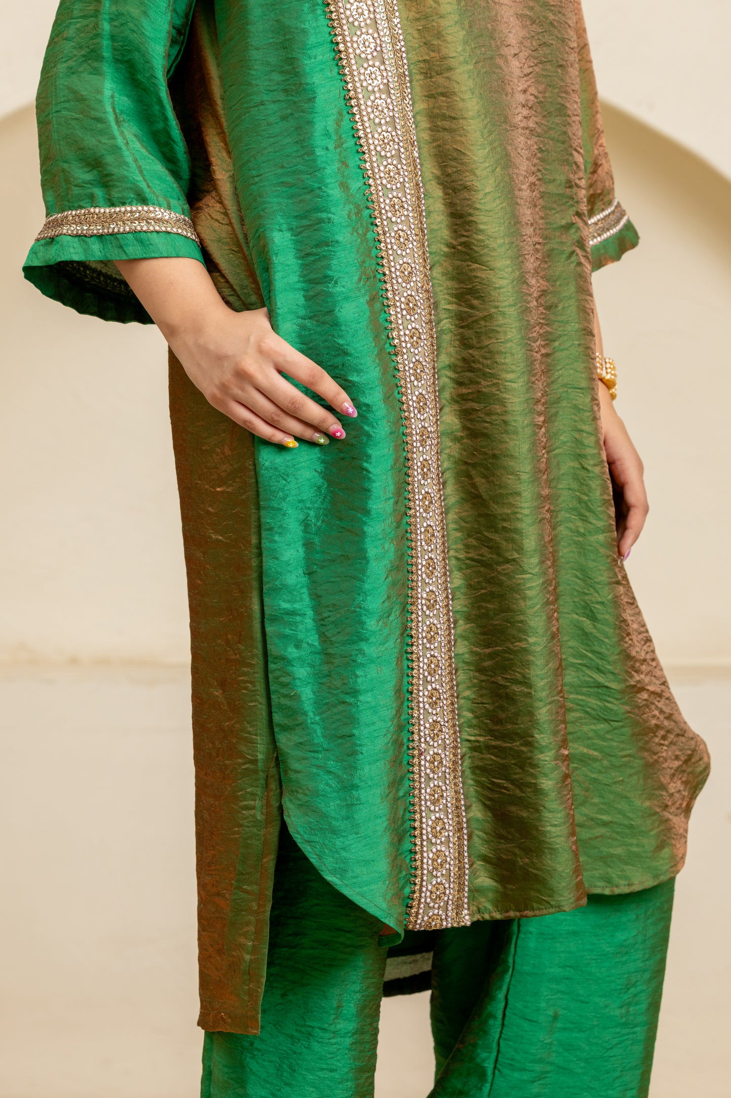 Green Long Panelled Kurta and Pant Set